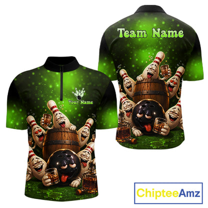 Green Funny Drunk Bowling Pins Bourbon Vintage Bowling Shirts For Men Custom Bowling Team Jersey TDM7303