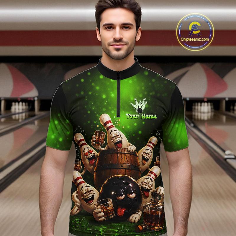 Green Funny Drunk Bowling Pins Bourbon Vintage Bowling Shirts For Men Custom Bowling Team Jersey TDM7303