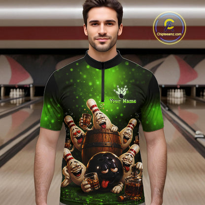 Green Funny Drunk Bowling Pins Bourbon Vintage Bowling Shirts For Men Custom Bowling Team Jersey TDM7303