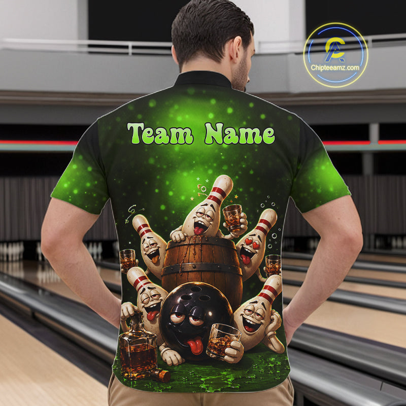 Green Funny Drunk Bowling Pins Bourbon Vintage Bowling Shirts For Men Custom Bowling Team Jersey TDM7303