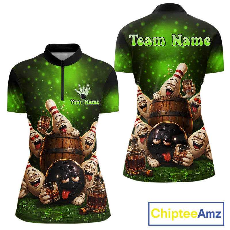 Green Funny Drunk Bowling Pins Bourbon Vintage Bowling Shirts For Women Custom Bowling Team Jersey TDM7303