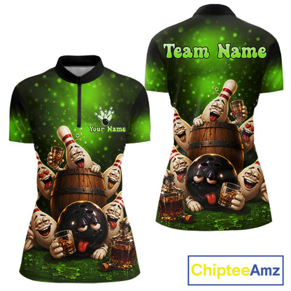 Green Funny Drunk Bowling Pins Bourbon Vintage Bowling Shirts For Women Custom Bowling Team Jersey TDM7303