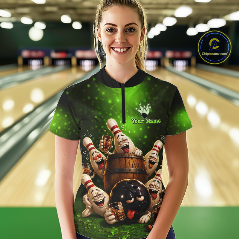 Green Funny Drunk Bowling Pins Bourbon Vintage Bowling Shirts For Women Custom Bowling Team Jersey TDM7303