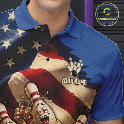 American Flag Funny Drunk Bowling Pins Bourbon Vintage Bowling Shirts For Men Custom Bowling Team Jersey TDM7304
