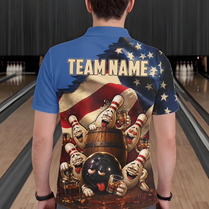 American Flag Funny Drunk Bowling Pins Bourbon Vintage Bowling Shirts For Men Custom Bowling Team Jersey TDM7304