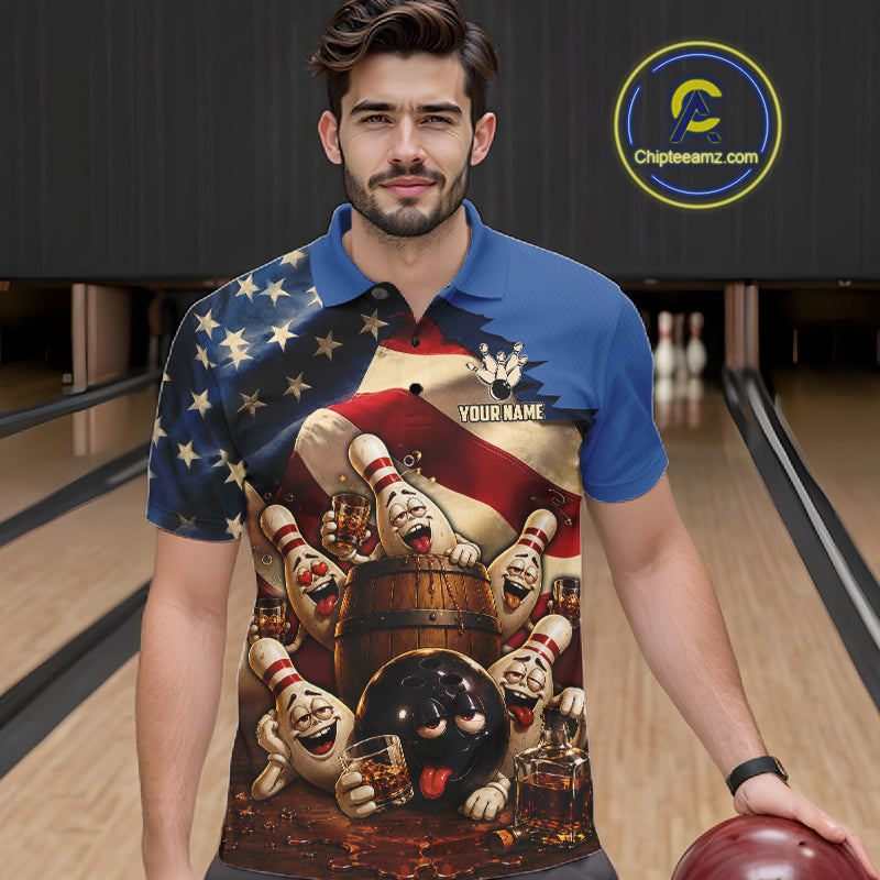 American Flag Funny Drunk Bowling Pins Bourbon Vintage Bowling Shirts For Men Custom Bowling Team Jersey TDM7304