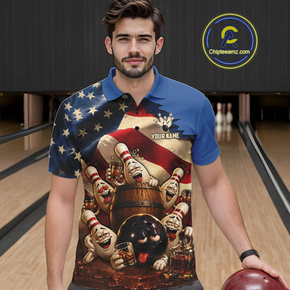 American Flag Funny Drunk Bowling Pins Bourbon Vintage Bowling Shirts For Men Custom Bowling Team Jersey TDM7304