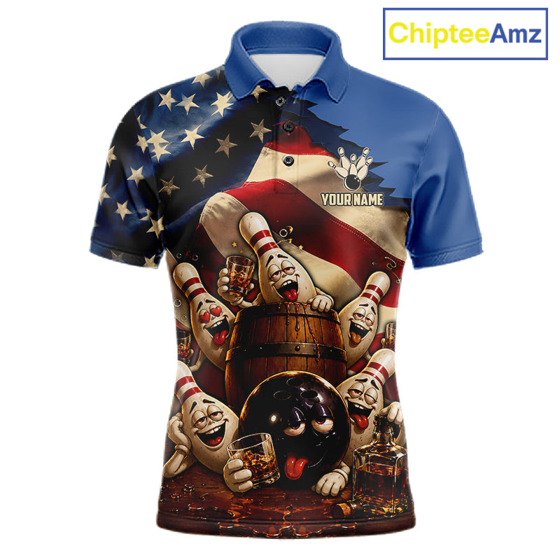 American Flag Funny Drunk Bowling Pins Bourbon Vintage Bowling Shirts For Men Custom Bowling Team Jersey TDM7304