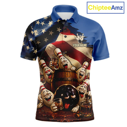 American Flag Funny Drunk Bowling Pins Bourbon Vintage Bowling Shirts For Men Custom Bowling Team Jersey TDM7304