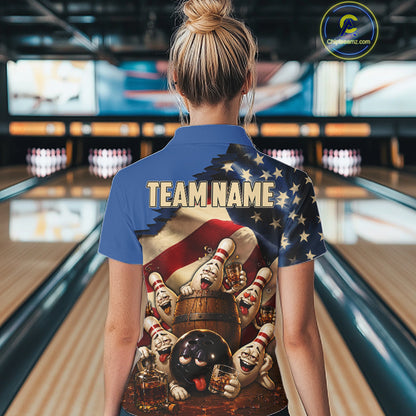 American Flag Funny Drunk Bowling Pins Bourbon Vintage Bowling Shirts For Women Custom Bowling Team Jersey TDM7304