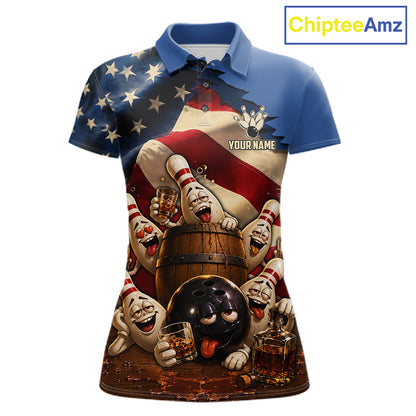 American Flag Funny Drunk Bowling Pins Bourbon Vintage Bowling Shirts For Women Custom Bowling Team Jersey TDM7304