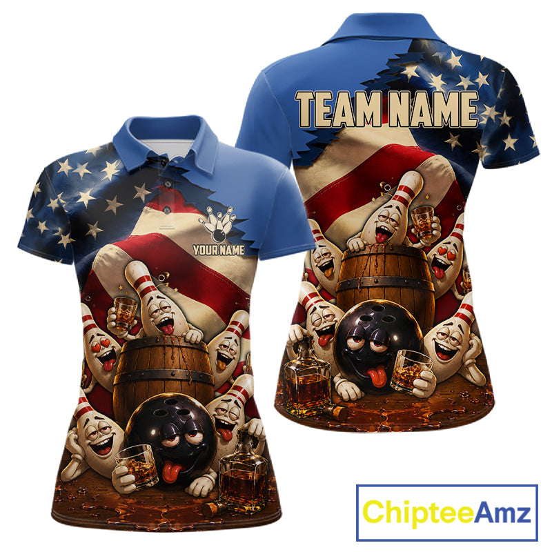 American Flag Funny Drunk Bowling Pins Bourbon Vintage Bowling Shirts For Women Custom Bowling Team Jersey TDM7304