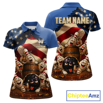 American Flag Funny Drunk Bowling Pins Bourbon Vintage Bowling Shirts For Women Custom Bowling Team Jersey TDM7304