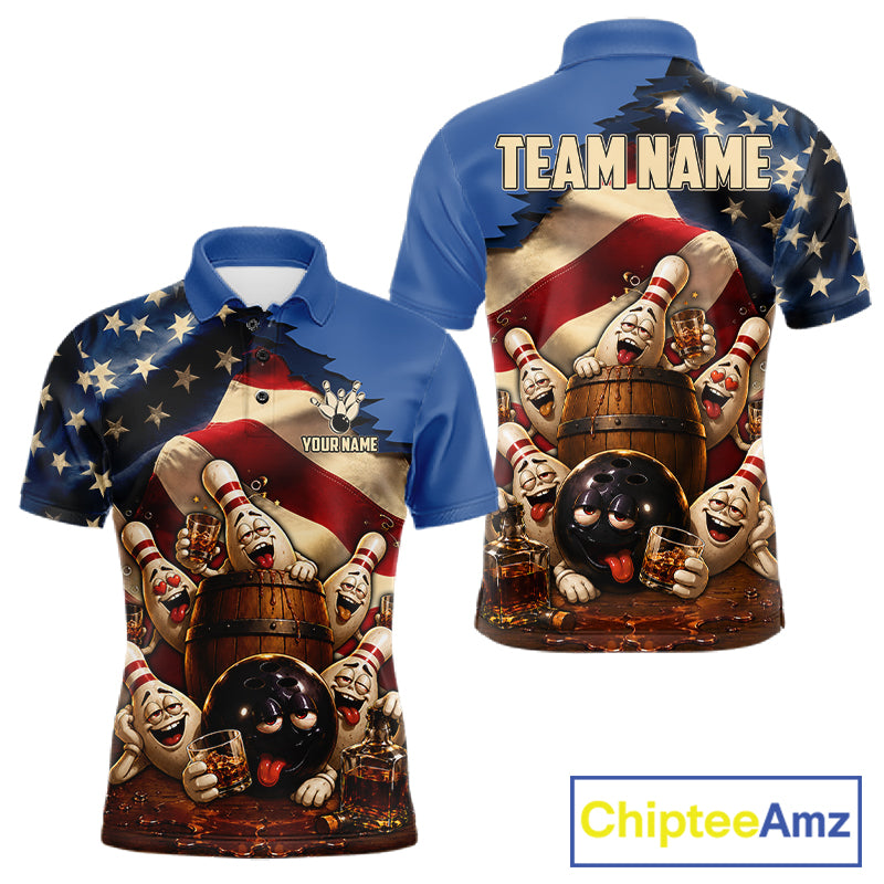 American Flag Funny Drunk Bowling Pins Bourbon Vintage Bowling Shirts For Men Custom Bowling Team Jersey TDM7304