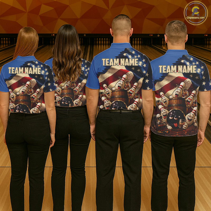American Flag Funny Drunk Bowling Pins Bourbon Vintage Bowling Shirts For Women Custom Bowling Team Jersey TDM7304