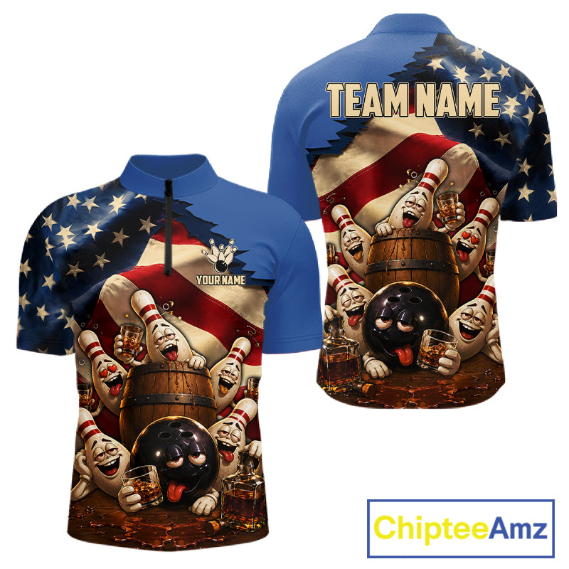 American Flag Funny Drunk Bowling Pins Bourbon Vintage Bowling Shirts For Men Custom Bowling Team Jersey TDM7304