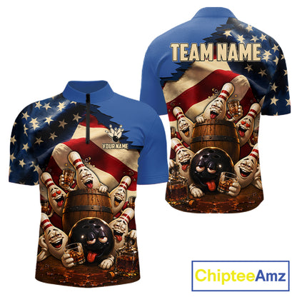 American Flag Funny Drunk Bowling Pins Bourbon Vintage Bowling Shirts For Men Custom Bowling Team Jersey TDM7304