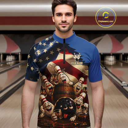 American Flag Funny Drunk Bowling Pins Bourbon Vintage Bowling Shirts For Men Custom Bowling Team Jersey TDM7304
