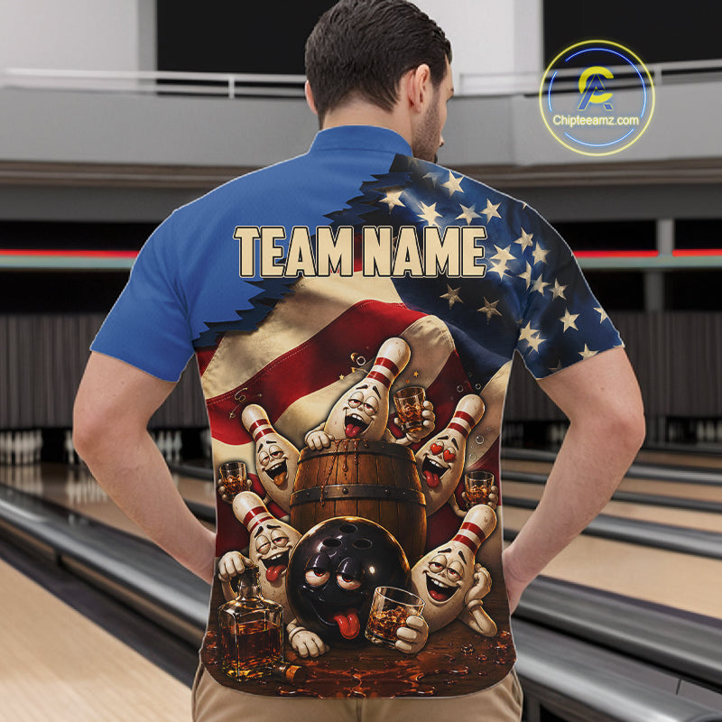 American Flag Funny Drunk Bowling Pins Bourbon Vintage Bowling Shirts For Men Custom Bowling Team Jersey TDM7304