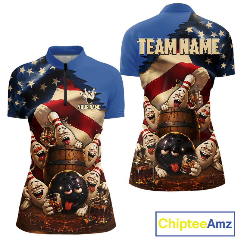 American Flag Funny Drunk Bowling Pins Bourbon Vintage Bowling Shirts For Women Custom Bowling Team Jersey TDM7304