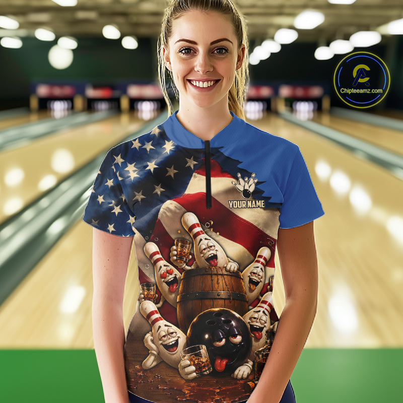 American Flag Funny Drunk Bowling Pins Bourbon Vintage Bowling Shirts For Women Custom Bowling Team Jersey TDM7304