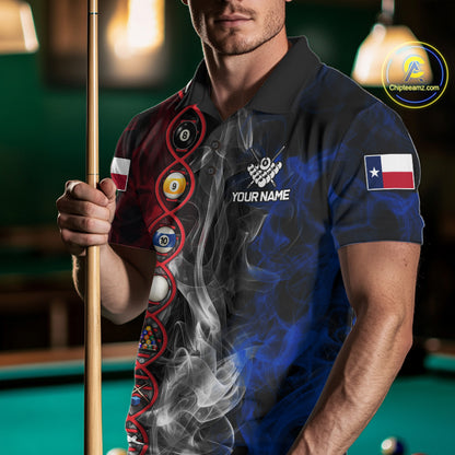 Personalized Texas Flag Smoke DNA Pool Shirt For Men Custom Patriotic Billiard Team Jersey TDM7310