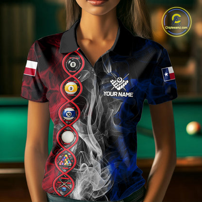 Personalized Texas Flag Smoke DNA Pool Shirt For Women Custom Patriotic Billiard Team Jersey TDM7310