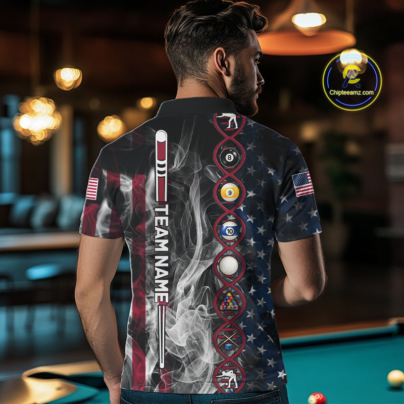 Personalized American Flag Smoke DNA Pool Shirt For Men Custom Patriotic Billiard Team Jersey TDM7311