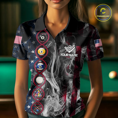 Personalized American Flag Smoke DNA Pool Shirt For Women Custom Patriotic Billiard Team Jersey TDM7311