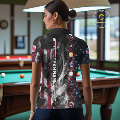 Personalized American Flag Smoke DNA Pool Shirt For Women Custom Patriotic Billiard Team Jersey TDM7311