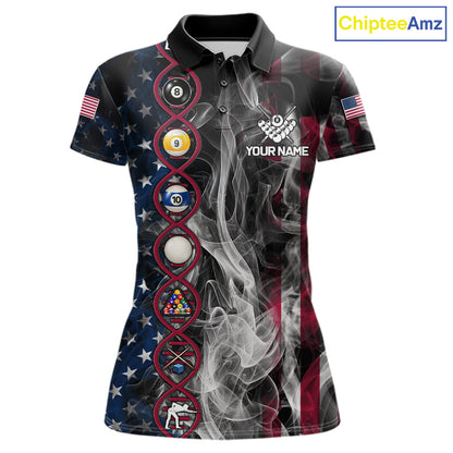 Personalized American Flag Smoke DNA Pool Shirt For Women Custom Patriotic Billiard Team Jersey TDM7311