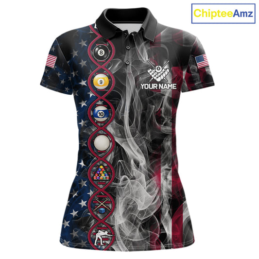 Personalized American Flag Smoke DNA Pool Shirt For Women Custom Patriotic Billiard Team Jersey TDM7311