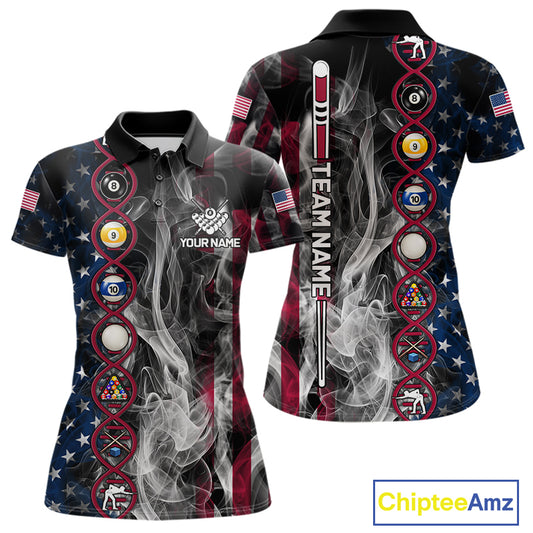 Personalized American Flag Smoke DNA Pool Shirt For Women Custom Patriotic Billiard Team Jersey TDM7311