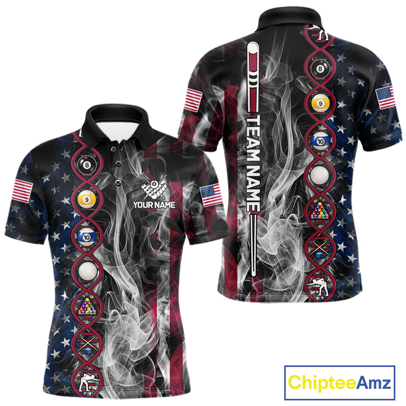 Personalized American Flag Smoke DNA Pool Shirt For Men Custom Patriotic Billiard Team Jersey TDM7311