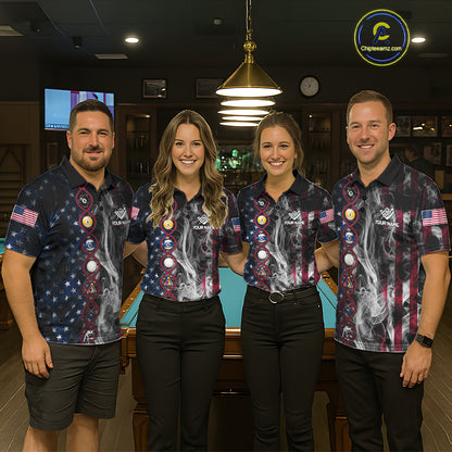Personalized American Flag Smoke DNA Pool Shirt For Women Custom Patriotic Billiard Team Jersey TDM7311