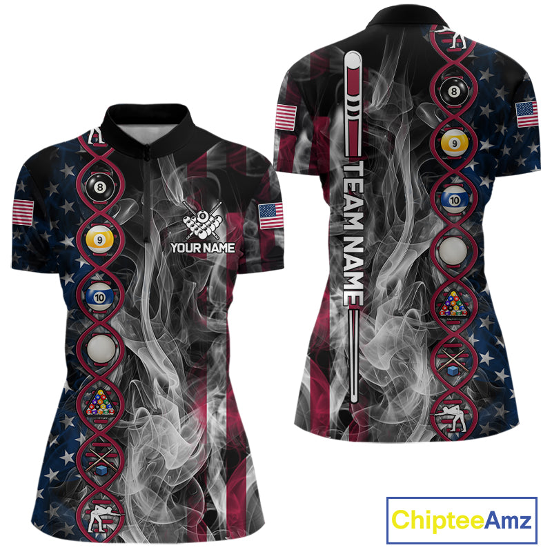 Personalized American Flag Smoke DNA Pool Shirt For Women Custom Patriotic Billiard Team Jersey TDM7311