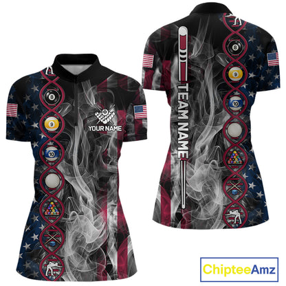 Personalized American Flag Smoke DNA Pool Shirt For Women Custom Patriotic Billiard Team Jersey TDM7311