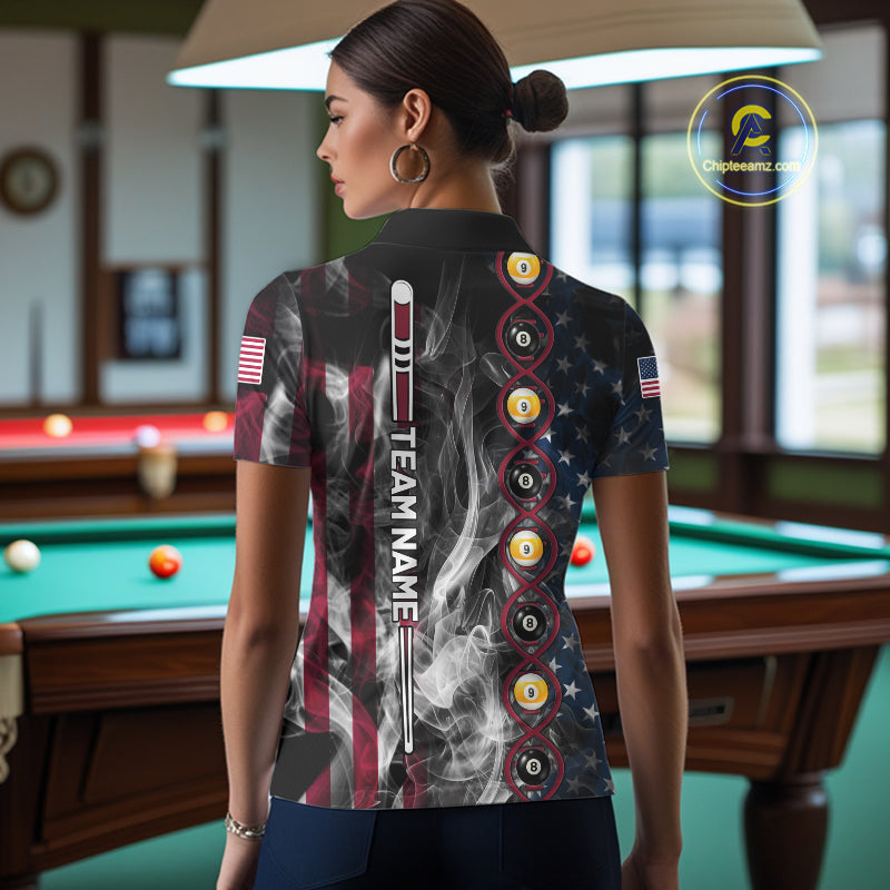 American Flag Smoke DNA Billiard 8 Ball & 9 Ball Shirts For Women Custom Funny Pool Team Jersey TDM7312