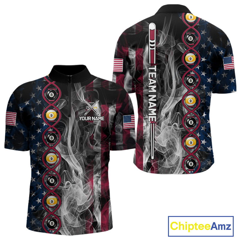 American Flag Smoke DNA Billiard 8 Ball & 9 Ball Shirts For Men Custom Funny Pool Team Jersey TDM7312