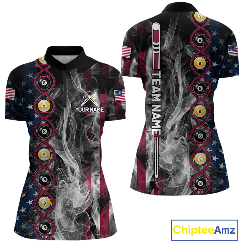 American Flag Smoke DNA Billiard 8 Ball & 9 Ball Shirts For Women Custom Funny Pool Team Jersey TDM7312