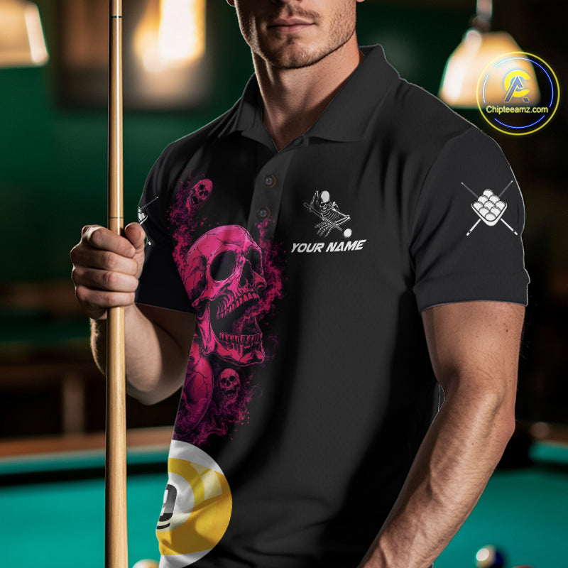 Pink And Black Billiard Skull 9 Ball Pool Shirts For Men Custom Grim Reaper Billiard Team Jersey TDM7316