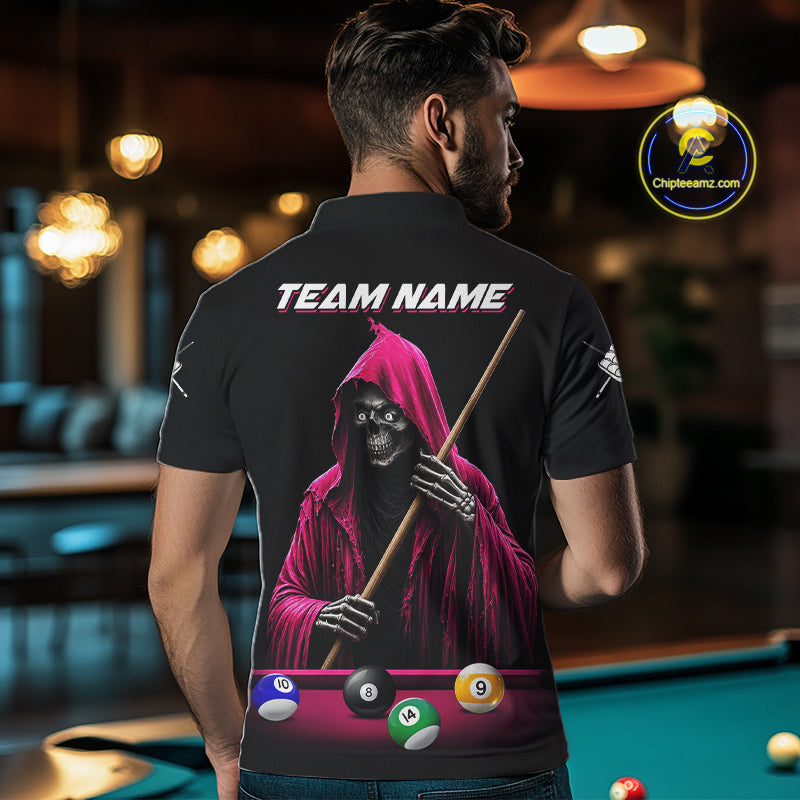 Pink And Black Billiard Skull 9 Ball Pool Shirts For Men Custom Grim Reaper Billiard Team Jersey TDM7316