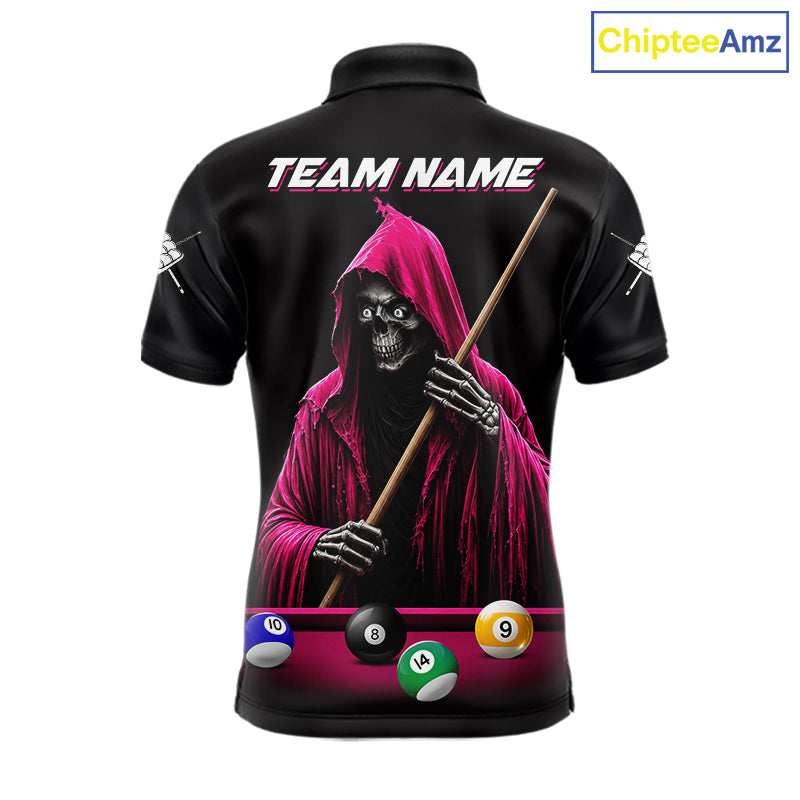 Pink And Black Billiard Skull 9 Ball Pool Shirts For Men Custom Grim Reaper Billiard Team Jersey TDM7316