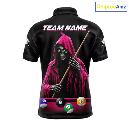 Pink And Black Billiard Skull 9 Ball Pool Shirts For Men Custom Grim Reaper Billiard Team Jersey TDM7316