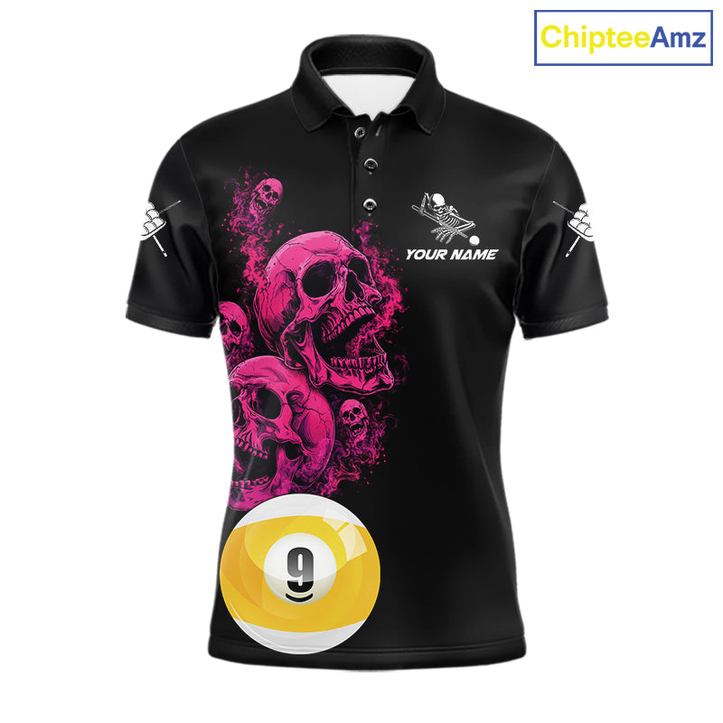 Pink And Black Billiard Skull 9 Ball Pool Shirts For Men Custom Grim Reaper Billiard Team Jersey TDM7316