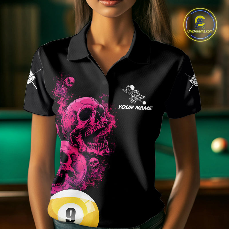 Pink And Black Billiard Skull 9 Ball Pool Shirts For Women Custom Grim Reaper Billiard Team Jersey TDM7316