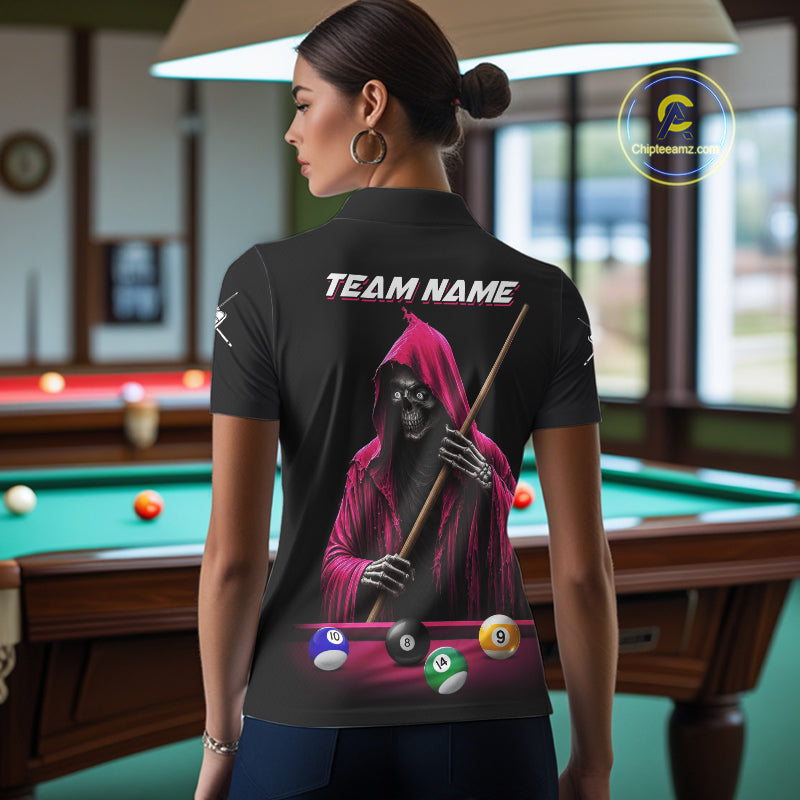 Pink And Black Billiard Skull 9 Ball Pool Shirts For Women Custom Grim Reaper Billiard Team Jersey TDM7316