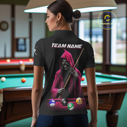 Pink And Black Billiard Skull 9 Ball Pool Shirts For Women Custom Grim Reaper Billiard Team Jersey TDM7316