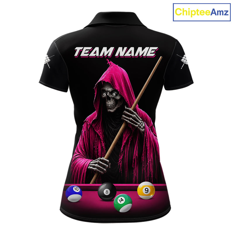Pink And Black Billiard Skull 9 Ball Pool Shirts For Women Custom Grim Reaper Billiard Team Jersey TDM7316