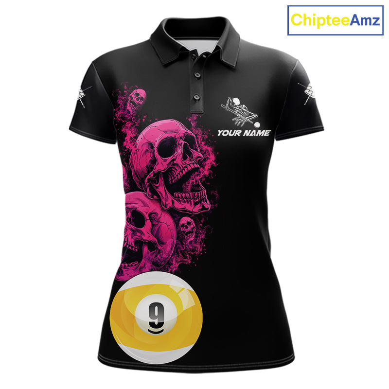 Pink And Black Billiard Skull 9 Ball Pool Shirts For Women Custom Grim Reaper Billiard Team Jersey TDM7316